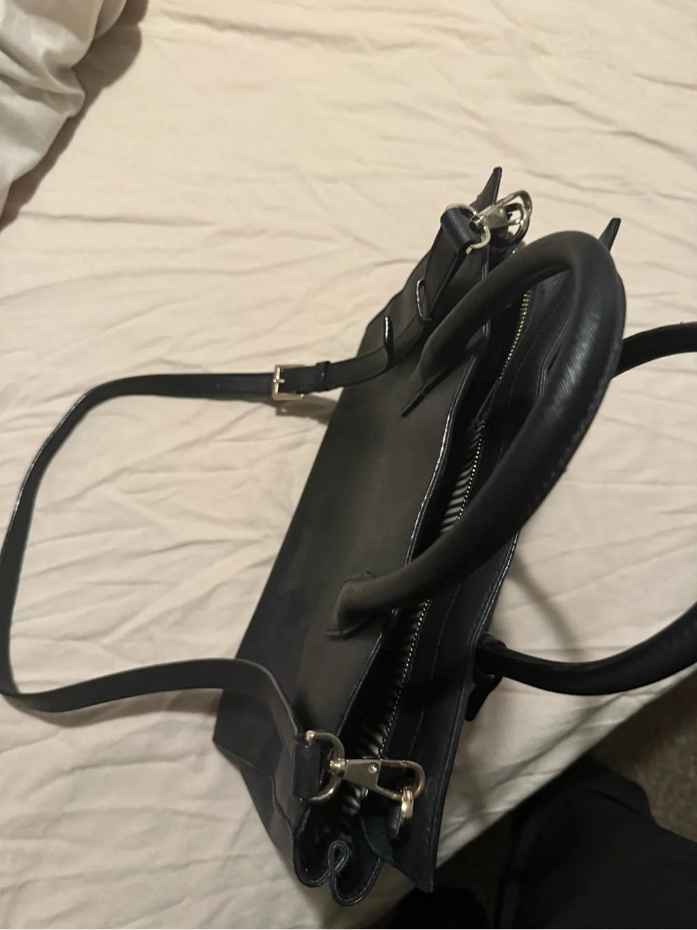 kate spade black leather tote with gold logo